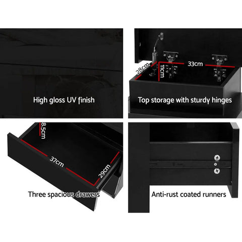Artiss Bedside Table LED 3 Drawers - COLEY Black - Chez Guru