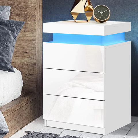 Artiss Bedside Table LED 3 Drawers - COLEY White - Chez Guru
