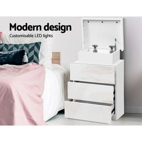 Artiss Bedside Table LED 3 Drawers - COLEY White - Chez Guru