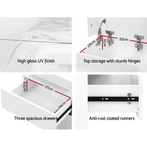 Artiss Bedside Table LED 3 Drawers - COLEY White - Chez Guru