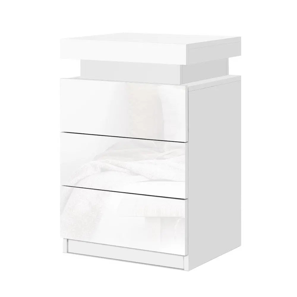 Artiss Bedside Table LED 3 Drawers - COLEY White - Chez Guru