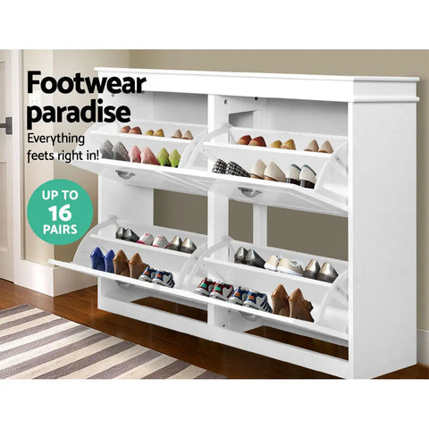 Artiss Shoe Rack Cabinet 16 Pairs 4-tier White Paul Chez Guru