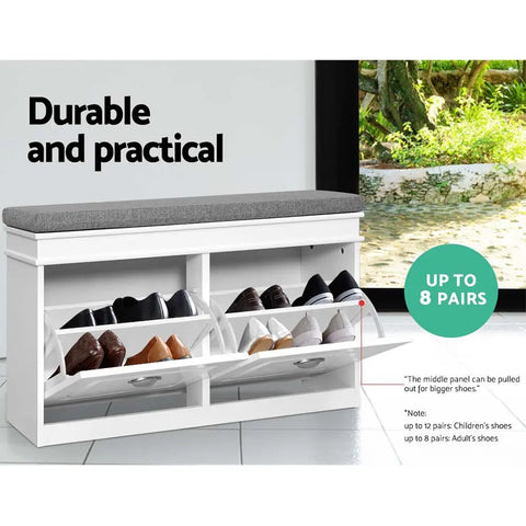 Artiss Shoe Rack Cabinet Bench 8 Pairs White Chez Guru