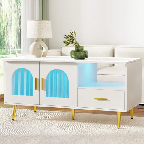 Artiss LED Coffee Table Shelf Drawer Storage White - Chez Guru
