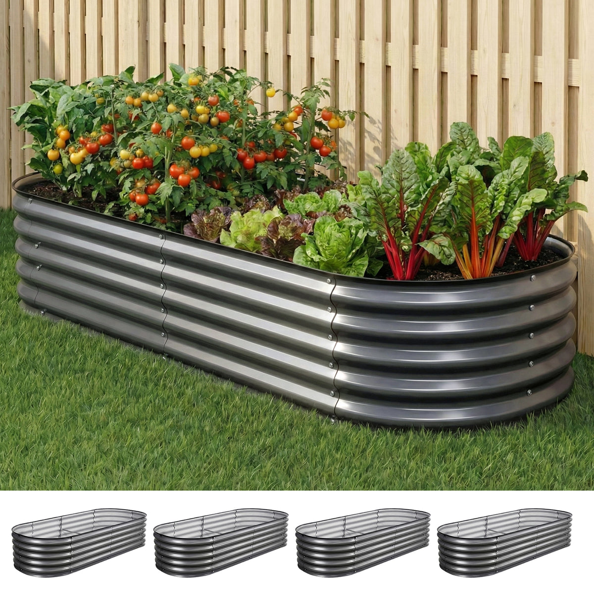 Green Fingers 4 Pcs Raised Garden Bed Kit Oval Galvanized Steel Planter Boxes 160x80x42cm, Heavy Duty Metal Elevated Garden Bed for Vegetables Flowers Herbs, with Safety Edging, Gloves & Pegs Included
