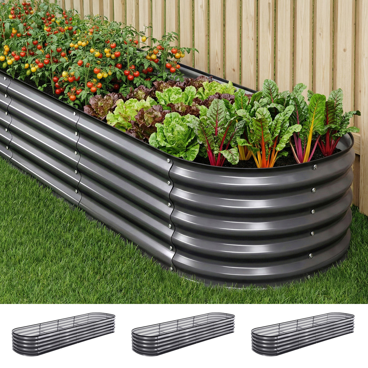 Green Fingers 3 Pcs Raised Garden Bed Kit Oval Galvanized Steel Planter Boxes 320x80x42cm, Heavy Duty Metal Elevated Garden Bed for Vegetables Flowers Herbs, with Safety Edging, Gloves & Pegs Included