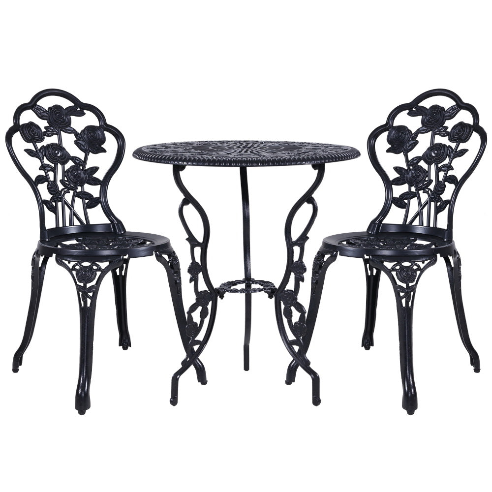 Gardeon 3PC Outdoor Setting Bistro Set Chairs Table Cast Aluminum Rose Black Chez Guru