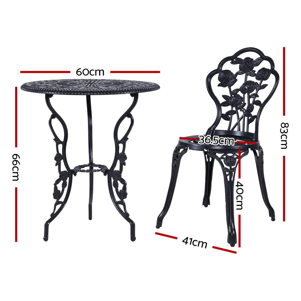 Gardeon 3PC Outdoor Setting Bistro Set Chairs Table Cast Aluminum Rose Black Chez Guru