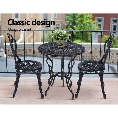 Gardeon 3PC Outdoor Setting Bistro Set Chairs Table Cast Aluminum Rose Black Chez Guru