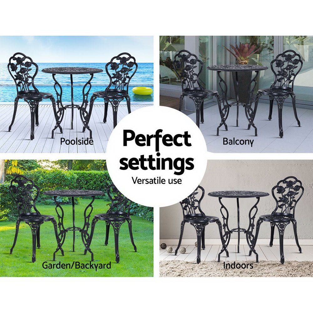 Gardeon 3PC Outdoor Setting Bistro Set Chairs Table Cast Aluminum Rose Black Chez Guru
