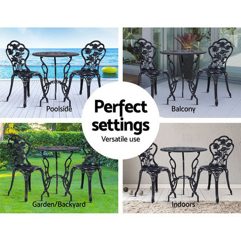 Gardeon 3PC Outdoor Setting Bistro Set Chairs Table Cast Aluminum Rose Black Chez Guru