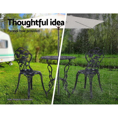 Gardeon 3PC Outdoor Setting Bistro Set Chairs Table Cast Aluminum Rose Black Chez Guru