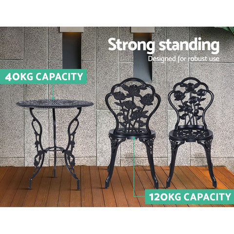 Gardeon 3PC Outdoor Setting Bistro Set Chairs Table Cast Aluminum Rose Black Chez Guru
