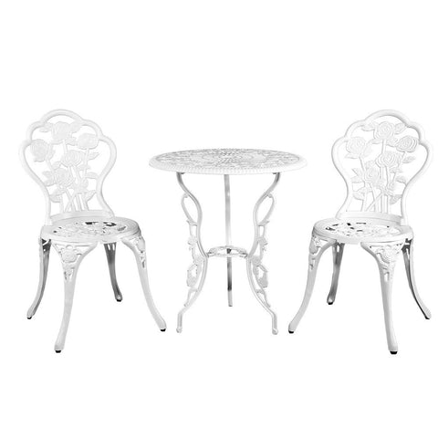 Gardeon 3PC Outdoor Setting Bistro Set Chairs Table Cast Aluminum Patio Furniture Rose White Chez Guru