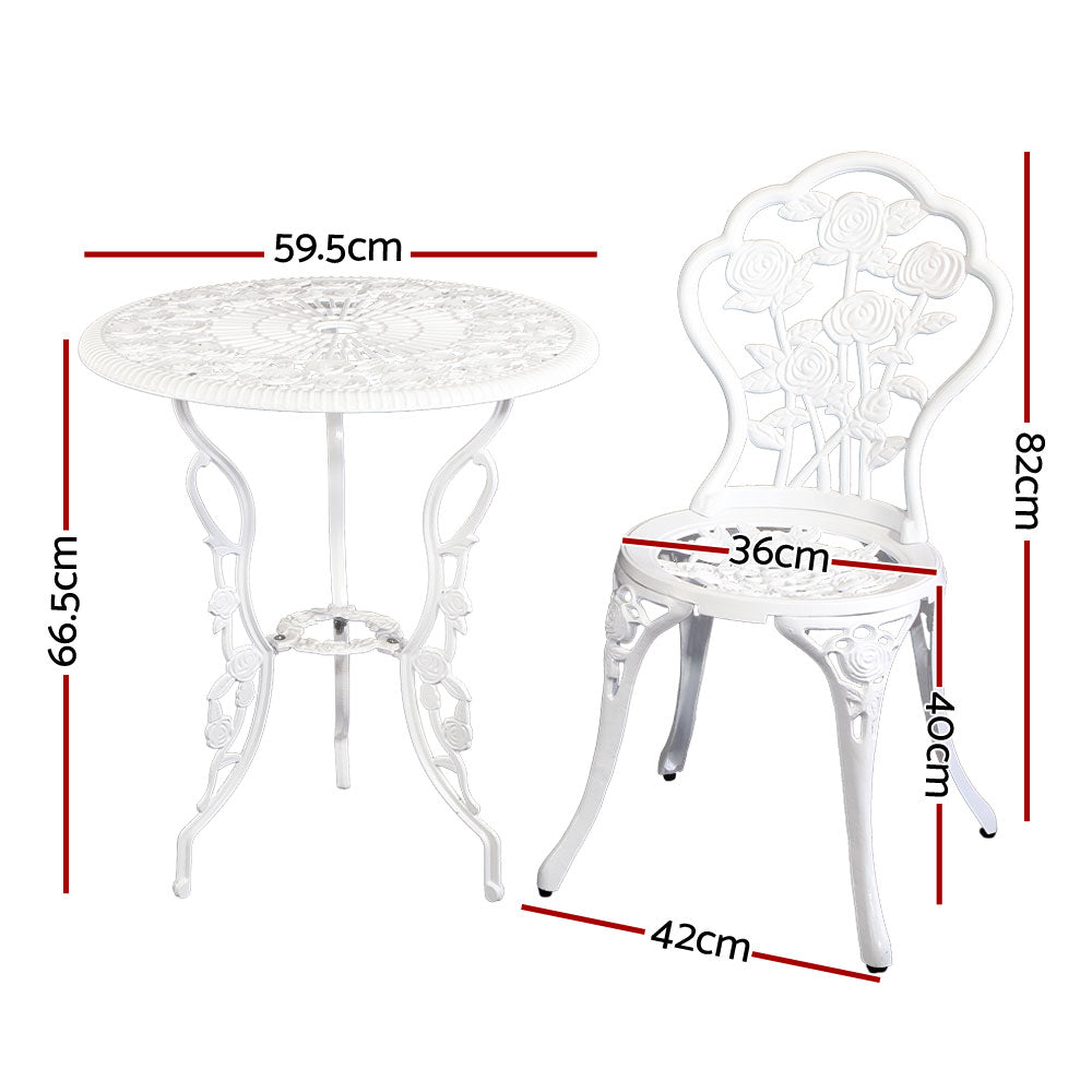 Gardeon 3PC Outdoor Setting Bistro Set Chairs Table Cast Aluminum Patio Furniture Rose White Chez Guru
