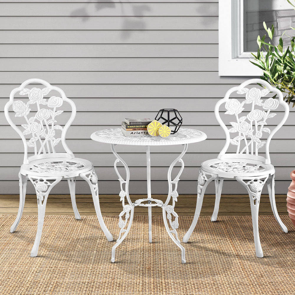 Gardeon 3PC Outdoor Setting Bistro Set Chairs Table Cast Aluminum Patio Furniture Rose White Chez Guru