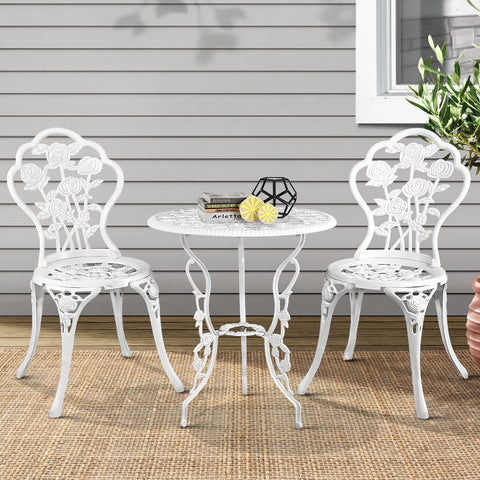 Gardeon 3PC Outdoor Setting Bistro Set Chairs Table Cast Aluminum Patio Furniture Rose White Chez Guru