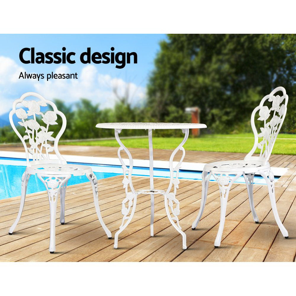 Gardeon 3PC Outdoor Setting Bistro Set Chairs Table Cast Aluminum Patio Furniture Rose White Chez Guru