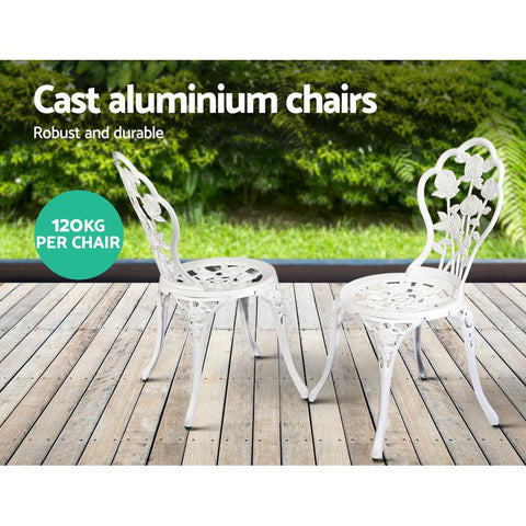 Gardeon 3PC Outdoor Setting Bistro Set Chairs Table Cast Aluminum Patio Furniture Rose White Chez Guru