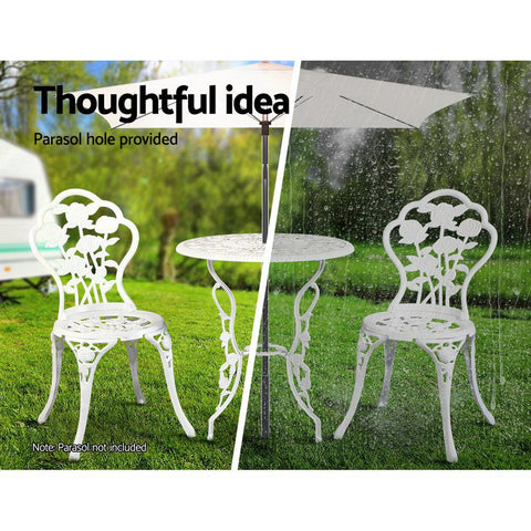 Gardeon 3PC Outdoor Setting Bistro Set Chairs Table Cast Aluminum Patio Furniture Rose White Chez Guru