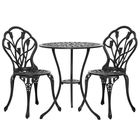 Gardeon 3PC Outdoor Setting Bistro Set Chairs Table Cast Aluminum Patio Furniture Tulip Black Chez Guru