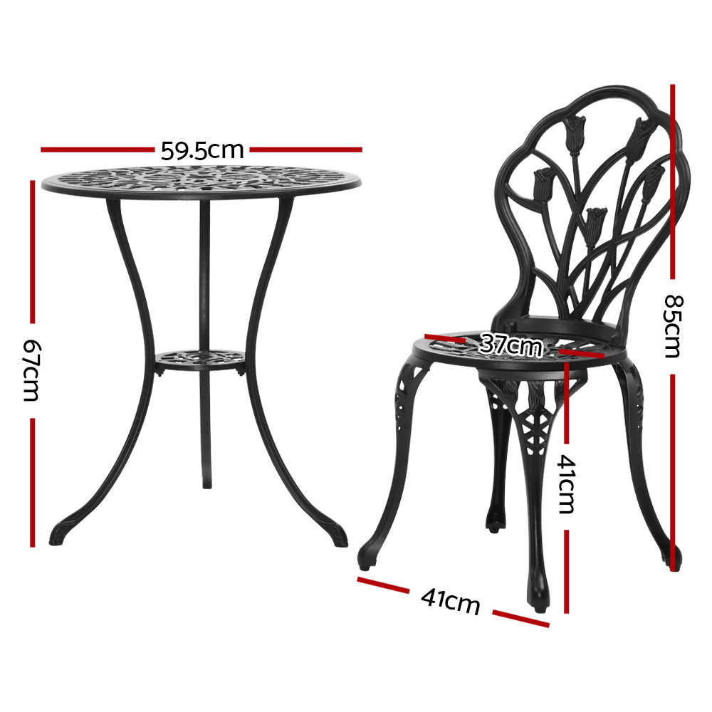 Gardeon 3PC Outdoor Setting Bistro Set Chairs Table Cast Aluminum Patio Furniture Tulip Black Chez Guru