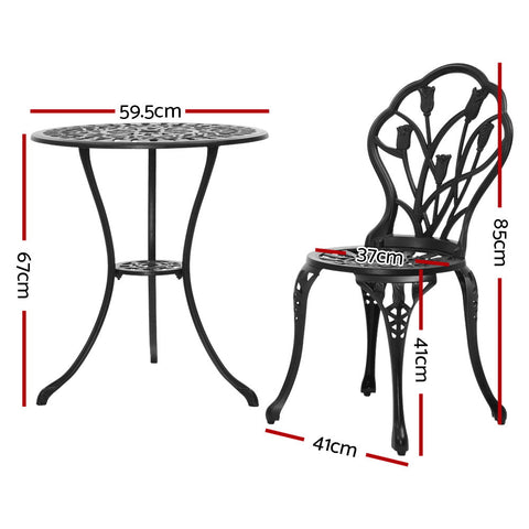 Gardeon 3PC Outdoor Setting Bistro Set Chairs Table Cast Aluminum Patio Furniture Tulip Black Chez Guru