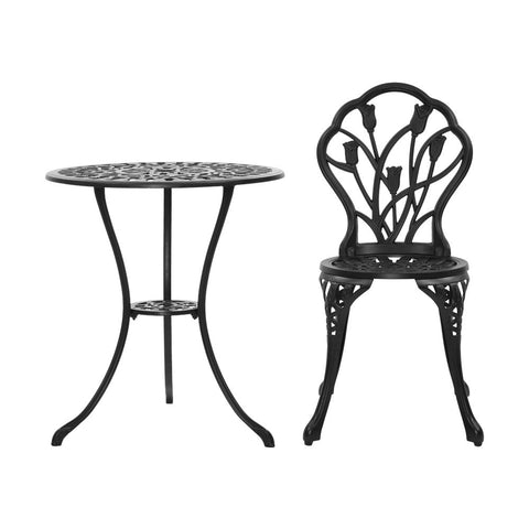 Gardeon 3PC Outdoor Setting Bistro Set Chairs Table Cast Aluminum Patio Furniture Tulip Black Chez Guru