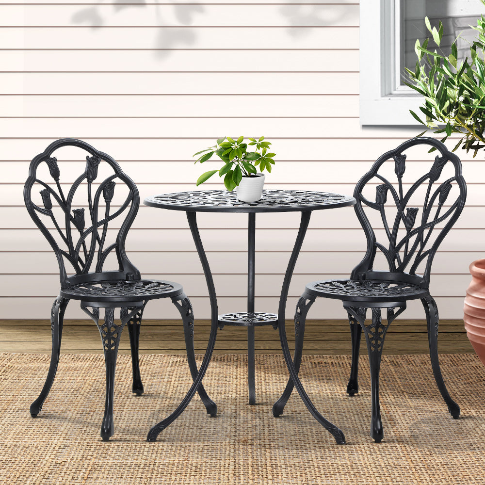 Gardeon 3PC Outdoor Setting Bistro Set Chairs Table Cast Aluminum Patio Furniture Tulip Black Chez Guru