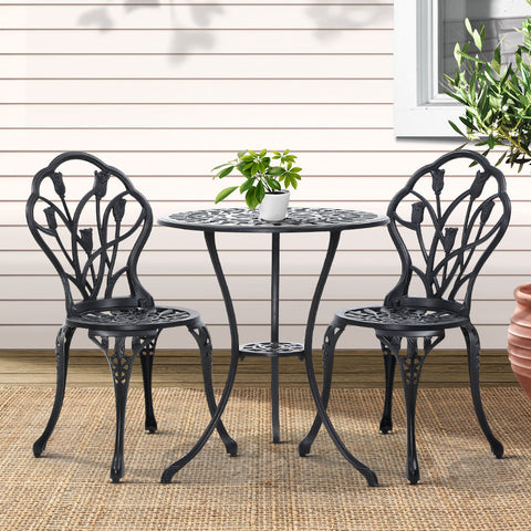 Gardeon 3PC Outdoor Setting Bistro Set Chairs Table Cast Aluminum Patio Furniture Tulip Black Chez Guru