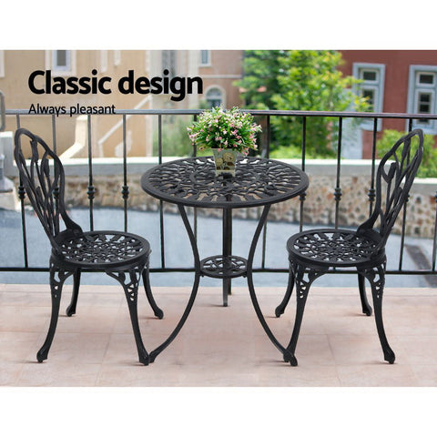 Gardeon 3PC Outdoor Setting Bistro Set Chairs Table Cast Aluminum Patio Furniture Tulip Black Chez Guru