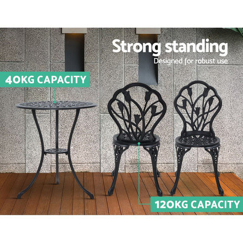 Gardeon 3PC Outdoor Setting Bistro Set Chairs Table Cast Aluminum Patio Furniture Tulip Black Chez Guru