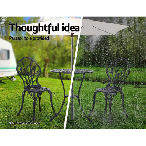 Gardeon 3PC Outdoor Setting Bistro Set Chairs Table Cast Aluminum Patio Furniture Tulip Black Chez Guru