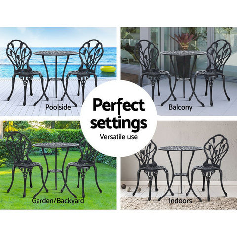 Gardeon 3PC Outdoor Setting Bistro Set Chairs Table Cast Aluminum Patio Furniture Tulip Black Chez Guru