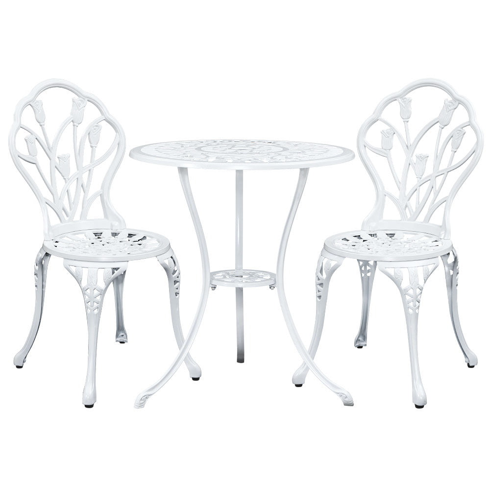 Gardeon 3PC Outdoor Setting Bistro Set Chairs Table Cast Aluminum Patio Furniture Tulip White Chez Guru