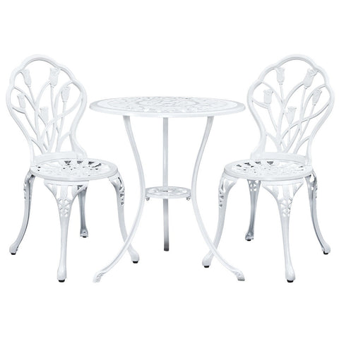 Gardeon 3PC Outdoor Setting Bistro Set Chairs Table Cast Aluminum Patio Furniture Tulip White Chez Guru