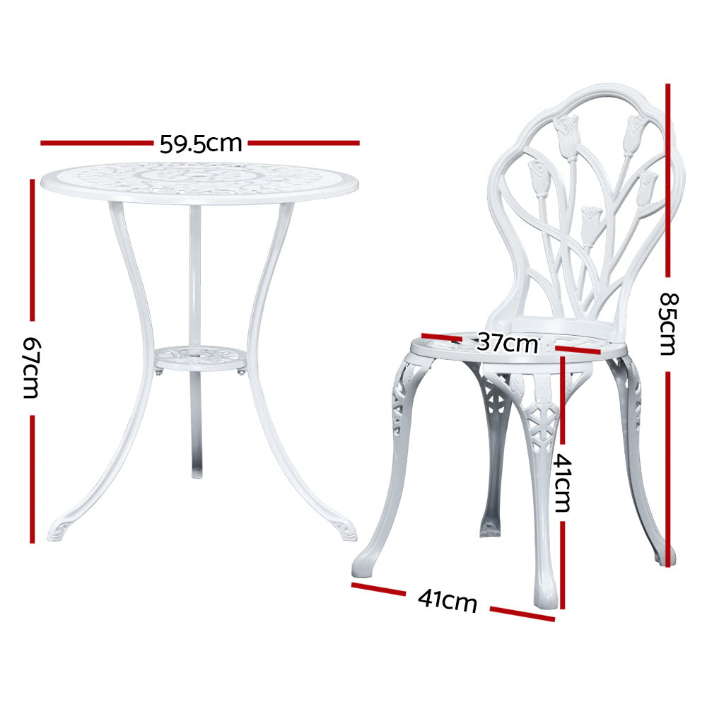 Gardeon 3PC Outdoor Setting Bistro Set Chairs Table Cast Aluminum Patio Furniture Tulip White Chez Guru
