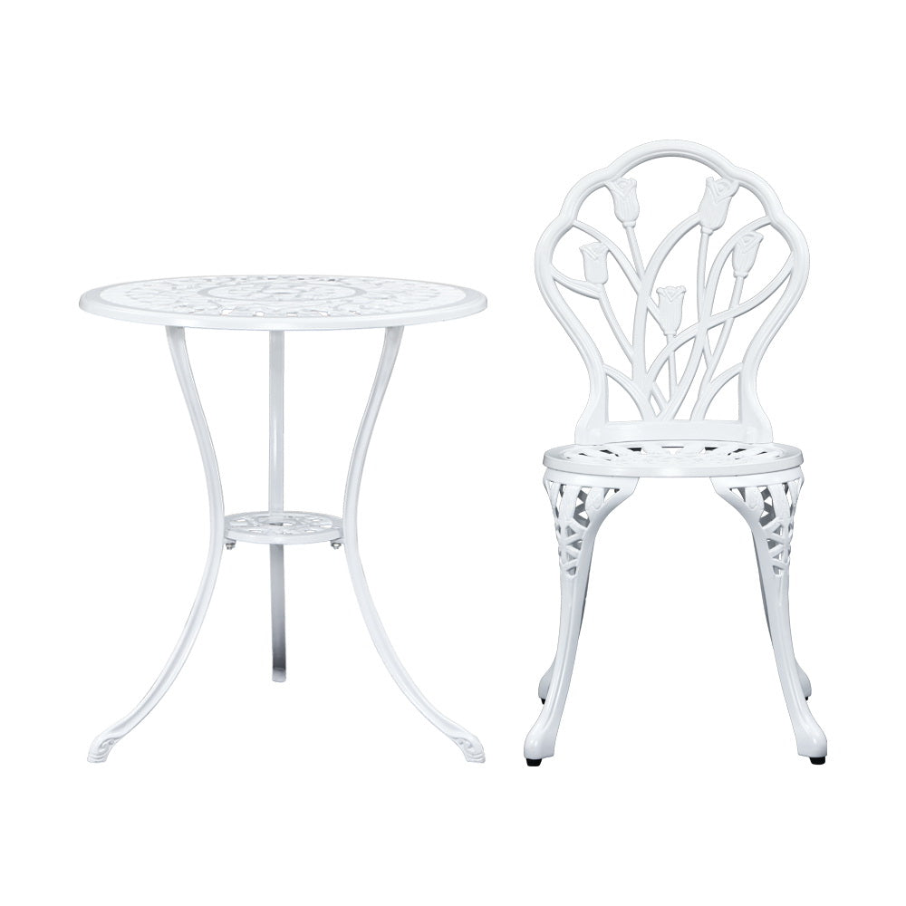 Gardeon 3PC Outdoor Setting Bistro Set Chairs Table Cast Aluminum Patio Furniture Tulip White Chez Guru