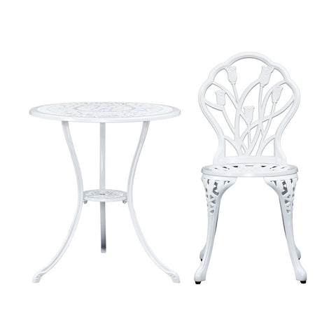 Gardeon 3PC Outdoor Setting Bistro Set Chairs Table Cast Aluminum Patio Furniture Tulip White Chez Guru