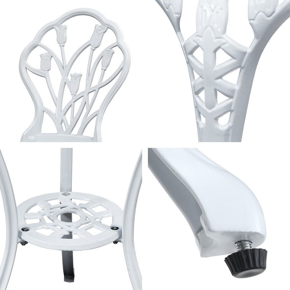 Gardeon 3PC Outdoor Setting Bistro Set Chairs Table Cast Aluminum Patio Furniture Tulip White Chez Guru