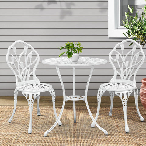 Gardeon 3PC Outdoor Setting Bistro Set Chairs Table Cast Aluminum Patio Furniture Tulip White Chez Guru