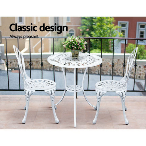 Gardeon 3PC Outdoor Setting Bistro Set Chairs Table Cast Aluminum Patio Furniture Tulip White Chez Guru