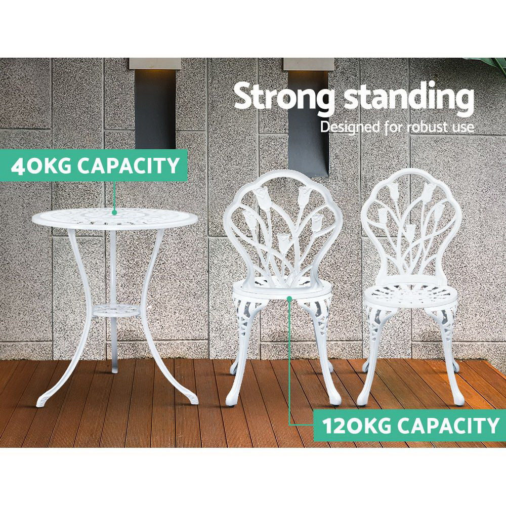 Gardeon 3PC Outdoor Setting Bistro Set Chairs Table Cast Aluminum Patio Furniture Tulip White Chez Guru