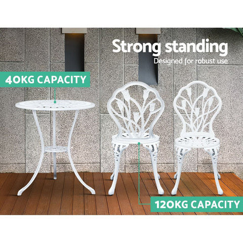 Gardeon 3PC Outdoor Setting Bistro Set Chairs Table Cast Aluminum Patio Furniture Tulip White Chez Guru