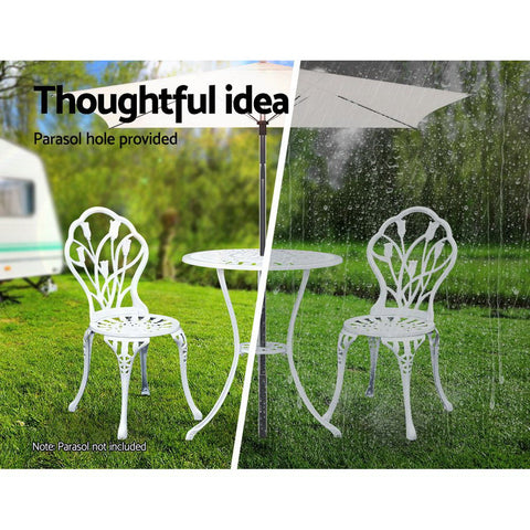 Gardeon 3PC Outdoor Setting Bistro Set Chairs Table Cast Aluminum Patio Furniture Tulip White Chez Guru
