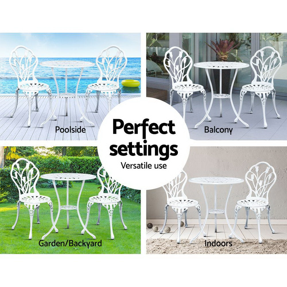 Gardeon 3PC Outdoor Setting Bistro Set Chairs Table Cast Aluminum Patio Furniture Tulip White Chez Guru