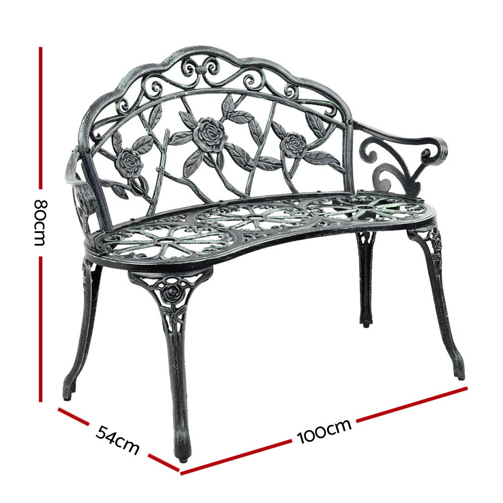 Gardeon Outdoor Garden Bench Seat 100cm Cast Aluminium Patio Chair Vintage Green Chez Guru