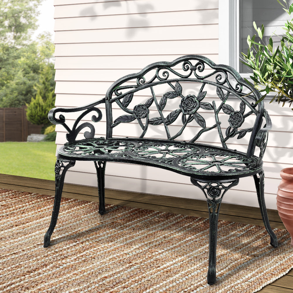 Gardeon Outdoor Garden Bench Seat 100cm Cast Aluminium Patio Chair Vintage Green Chez Guru