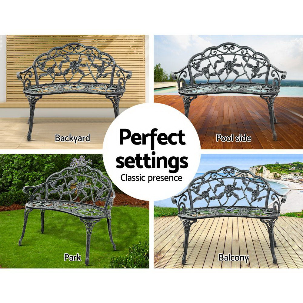 Gardeon Outdoor Garden Bench Seat 100cm Cast Aluminium Patio Chair Vintage Green Chez Guru