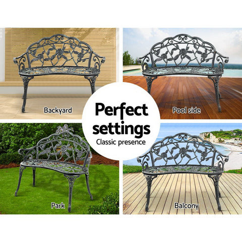 Gardeon Outdoor Garden Bench Seat 100cm Cast Aluminium Patio Chair Vintage Green Chez Guru